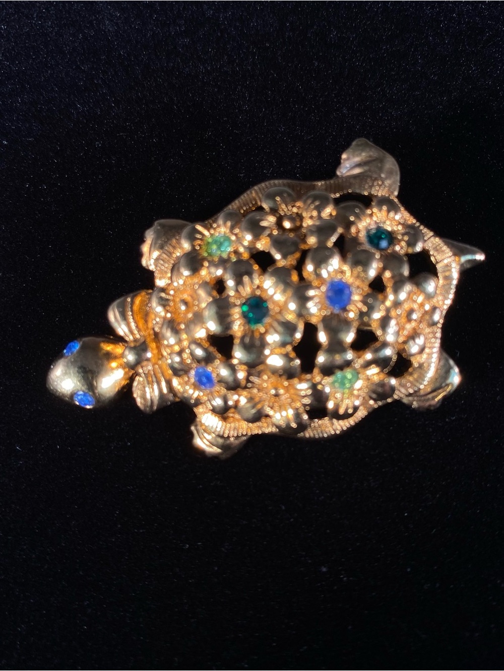 Vintage Avon Gold Tone Turtle Flowers and Rhinestone Pin Brooch Signed Avon